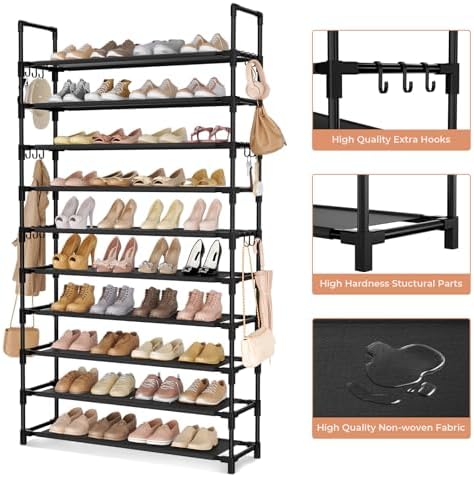 LANTEFUL Tall Shoe Rack 10 Tier Shoe Organizer Large Shoe Shelf with 18 Hooks Storage for 50 Pair, Stackable Vertical Shoe Rack Organizer for Closet, Entryway, Bedroom - Image 4