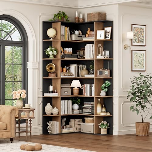 FOTOSOK 72" Corner Bookshelf, 6-Tier Bookshelf and Bookcase, Black/Brown by FOTOSOK