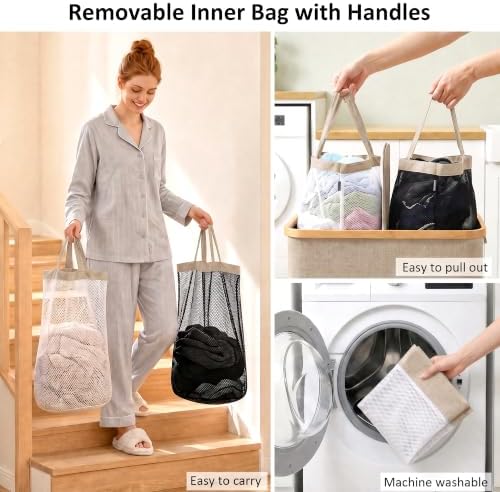 efluky Double Laundry Hamper with Lid and 2 Removable Bags, Oat - Image 2
