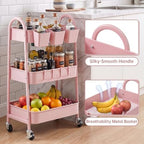 danpinera 3-Tier Rolling Cart, Utility Cart Mobile Metal Rolling Storage Cart with Lockable Wheels & Hanging Cups & Hooks for Kitchen, Bathroom, Office, Workshop, Pink - Image 3