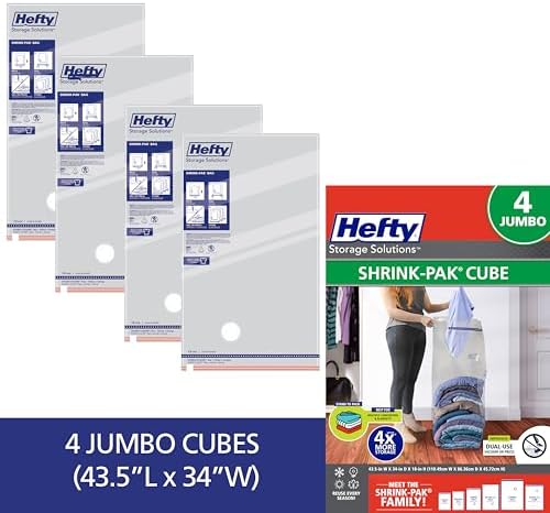 Hefty Shrink-Pak Vacuum Storage Bags – For Clothes, Pillows, Towels, Blankets & More – Space Saver Vacuum Suction Sealer Bags for Home or Travel – 4 Jumbo Cubes, 43.5 x 34 x 18 Inches - Image 6