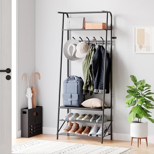 25" Hall Tree, Coat Rack with Shoe Rack, 4-Tier Shelf Entryway Shoe Bench with Storage, Freestanding Metal Frame Multifunctional Hallway Organizer with Hooks, Accent Furniture for Bathroom - Image 5
