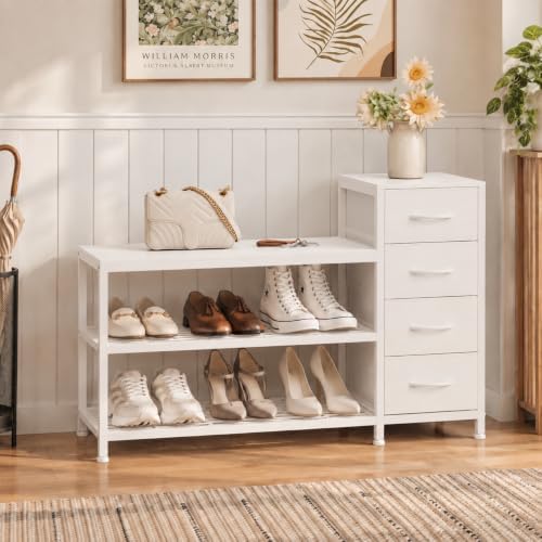 EXOTICA Industrial Shoe Storage Bench with 4 Drawers & Seat, White by EXOTICA