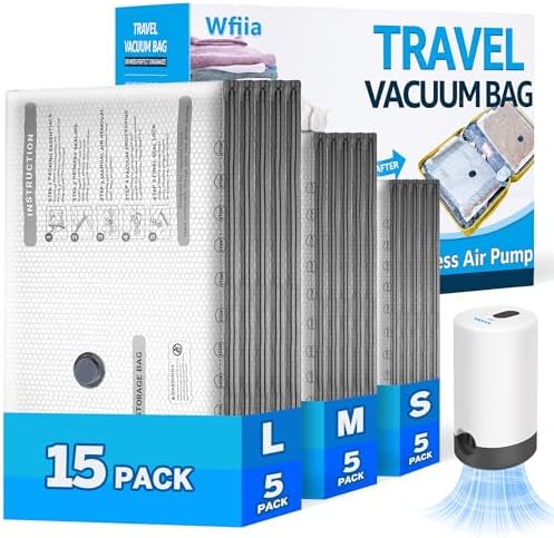15 Packs Vacuum Bags for Travel with Rechargeable Pump, 3 Sizes Vacuum Seal Bags for Clothing, Compression Vacuum Travel Bags for Luggage, Vacuum Packing Bags for Closet Organization by Wfiia