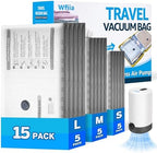 15 Packs Vacuum Bags for Travel with Rechargeable Pump, 3 Sizes Vacuum Seal Bags for Clothing, Compression Vacuum Travel Bags for Luggage, Vacuum Packing Bags for Closet Organization by Wfiia