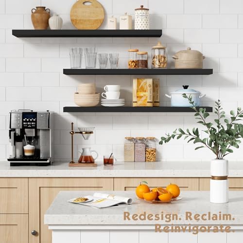 Forbena Large Floating Shelves for Wall 36 Inches Long 8 Inch Deep, Black Wall Shelves for Kitchen Bedroom, Heavy Duty Wooden Floating Shelf for Living Room Office Closet (Black, Set of 3) - Image 3