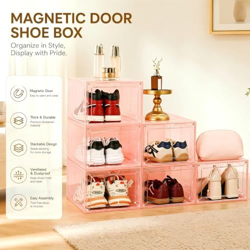 Translucent Pink Shoe Storage Boxes, 2026 2nd Gen Thickened Hard Plastic Stackable Organizer with Magnetic Door, Folding Shoe Racks for Closet, Decorative Sneaker Display Cases, 6 Pack - Image 3