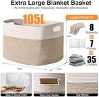 ICERZCZ Extra Large Blanket Basket for Living Room, Rectangle Woven Cotton Rope Storage for Blankets, Toys, Clothes, Shoes, 25”x16”x16”, Off White & Brown, 108L - Image 3