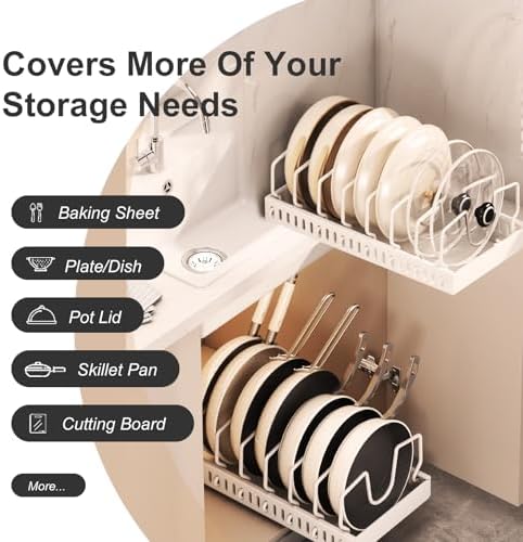 Pots and Pans Organizer Under Cabinet 2 Pack, Pull-Out Cabinet Organizer for Pot Lids, Bakeware, Dishes, 8 Adjustable Dividers (White - Image 3