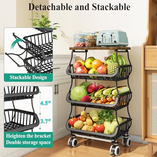 SAYZH 4-Tier Fruit and Vegetable Basket Stand for Kitchen, Wood Top, Black - Image 4