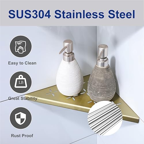 10" Corner Shower Shelf, 2-Pack Shower Shelves SUS304 Stainless Steel Bathroom Shelves for Tile Walls, Recessed Corner Shelf Organizer Rack, No Drilling (Brushed Gold) - Image 3