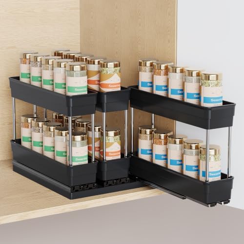 Mystozer Pull Out Spice Rack Organizer for Cabinet, Slide Out Spice Racks Organizer, Easy to Install Spice Cabinet Organizers, 8.5''Wx10.5''Dx8.3''H, 3 Drawers - 2 Tiers (Black) by Mystozer
