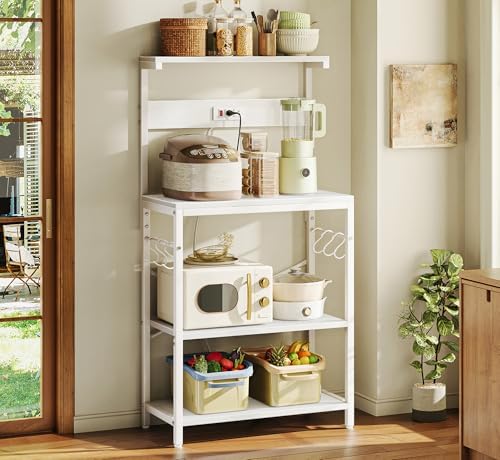 SUPERJARE Kitchen Bakers Rack with Power Outlet, Coffee Bar Table 4 Tiers, Kitchen Microwave Stand with 6 S-Shaped Hooks, Storage Shelf Rack for Spices, Pots and Pans - White - Image 6
