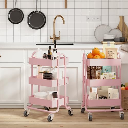 Metal Rolling Cart,3-Tier Pink Rolling Cart with Wheels,Metal Utility Cart with Wheels for Office,Home,Kitchen,Garden（13.4"x18.1"x31"） Pink - Image 2