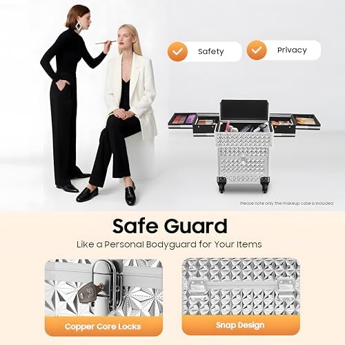 Rolling Makeup Manicure Storage Case, Makeup Trolley Rolling w/4 Universal Wheels Professional Aluminum Cosmetic Trolley Cases w/lock for Studio or Travelling (Silver) - Image 4