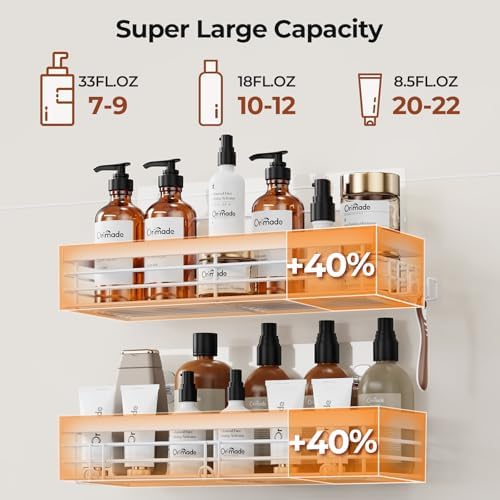Orimade Adhesive Shower Caddy Soap Dish Holder Shelf with 5 Hooks Bathroom Organizer Basket Kitchen Storage Rack Wall Mounted No Drilling Stainless Steel - 3 Pack, White - Image 5