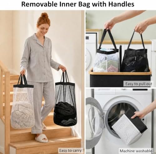 efluky Double Laundry Hamper with Lid and 2 Removable Bags, Black - Image 2
