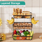3 Tier Fruit Basket for Kitchen Counter with 2 Banana Hangers, Countertop Metal Fruit Bowl with Wooden Handle, Large Storage Stand for Vegetables, Snacks, Breads, Produce Storage – Black - Image 2