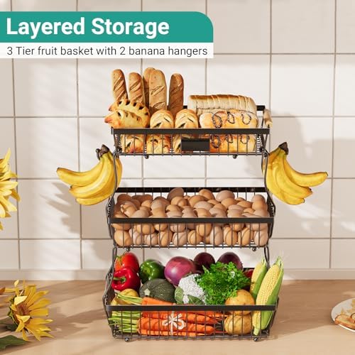 3 Tier Fruit Basket for Kitchen Counter with 2 Banana Hangers, Countertop Metal Fruit Bowl with Wooden Handle, Large Storage Stand for Vegetables, Snacks, Breads, Produce Storage – Black - Image 2