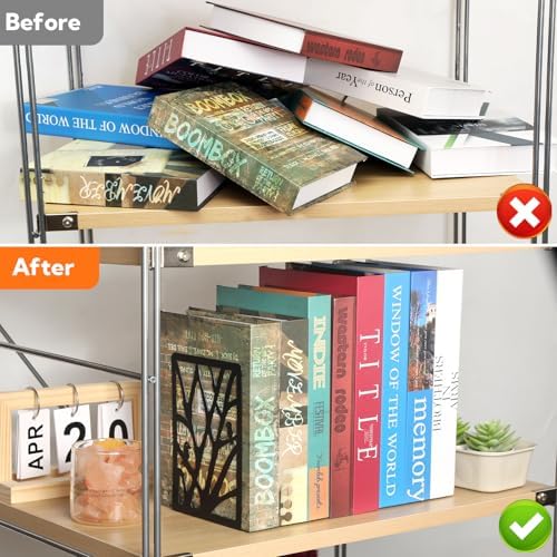 20 Pieces Book Ends for Shelves Heavy Duty Bookends Non-Skid Metal Book Holders Black Tree Design Modern Bookends for Shelves Office Home Decorative Book Stopper for Books CD(10 Pair) - Image 4