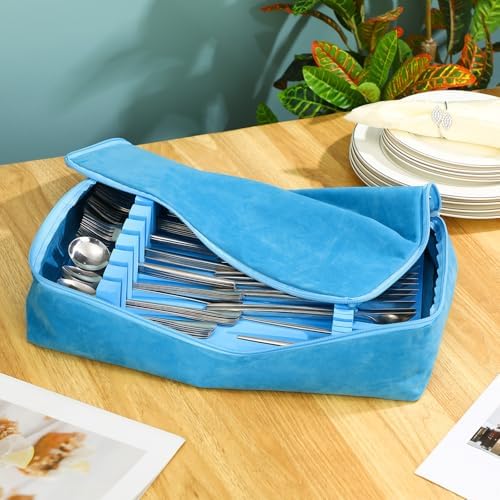 Teenyyou Zippered Flatware Storage Drawer Liner Silverware Storage Bag Tarnish Preventative Silver Organizer Cutlery Case Container Box Large Capacity Silverware Chest 15.75" x 11.02" x 3.94"(Blue) by Teenyyou