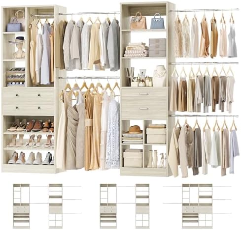 Besiost Closet System, Up to 128.6"/10.7 FT Closet Organizer with 4 Wooden Drawers and Shelves, Walk-in Closet System with 6 Hanging Rods, Built-in Closet Fit 96"/8FT, 120"/10FT, Greige Oak Set 2 by Besiost