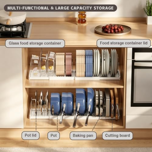 Magheo 1 Pack Expandable Food Storage Container Lid Organizers, 31.3" Pots and Pans Organizer Under Cabinet with 12 Adjustable Dividers Pot and Pan Lid Holders Rack Inside Cabinet(White) - Image 2