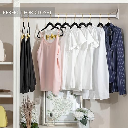 MIZGI Premium Velvet Pants Hangers with Adjustable Clips (Pack of 20) Slim Skirt Hangers- Non Slip Felt Outfit Dress Hangers Black - Gold Hooks,Space Saving Shirt Clothes Hangers - Image 4