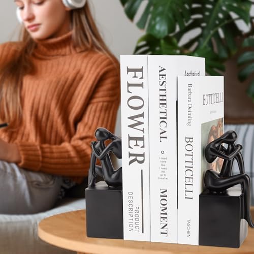 Black Book Ends Decorative, Girl Thinker Design, Modern Bookends for Shelves, Non-Skid Heavy Duty Resin Book Stopper for Books,Bookends with Base, Resin, 1Pair/2Piece - Image 5