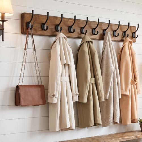 WEBI Rustic Coat Rack Wall Mount,10 Hooks,38 9/16" Long Coat Hooks Wall Mounted,16’’ Hole to Hole,Wood Coat Hanger Wall,Hook Rack Hooks for Hanging Coats,Jacket,Clothes,Hats,Brown - Image 2