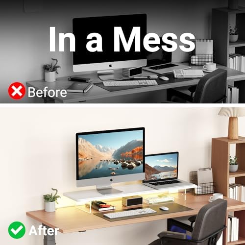 AFOOYO Monitor Stand Riser,31.5-Inch LED Light Wood Computer Monitor Stand with Adjustable Acrylic Legs,Desk Accessories Desktop Organizer Stand for, Computer,Laptop,Printer,PC TV Screen Riser,White - Image 5