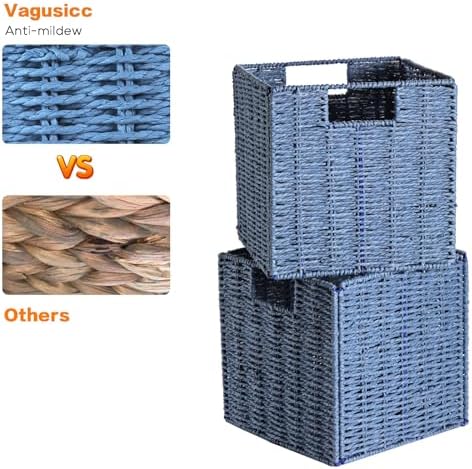 Vagusicc Wicker Basket, Set of 2 Hand-Woven Paper Rope Storage Baskets for Organizing, Foldable Cubby Storage Bins, 9 Inch Small Wicker Storage Basket, Square Baskets Cube Storage Organizer Bins, Blue - Image 6