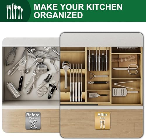 Bamboo Silverware Drawer Organizer, 17.72-29.53 Inch Expandable Large Kitchen Drawer Organizer, 5-8 Slot Flatware with Removable Card Slots & Knife Block for Spoon Butter Knive, Natural - Image 6