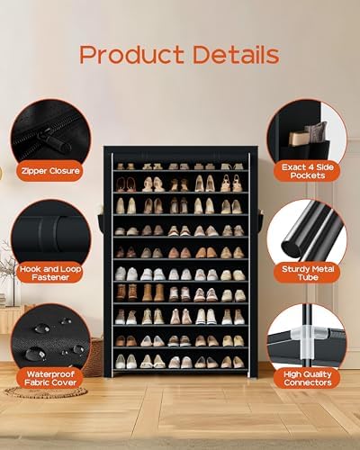 CASAMAYA Shoe Rack with Covers, 10 Tiers Tall Shoe Rack Organizer, Large Capacity Shoe Shelf Storage, Hold 50 Pairs of Shoes, Vertical Shoe Storage Organizer for Closet, Entryway, Black, SRT105B01 - Image 7