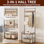 3-in-1 Entryway Coat Rack Hall Tree with Shoe Storage Bench - Brown - Image 3