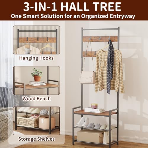 3-in-1 Entryway Coat Rack Hall Tree with Shoe Storage Bench - Brown - Image 3