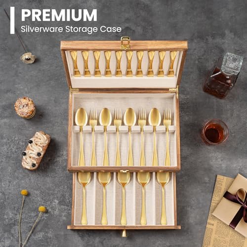 Silverware Storage Box, 2-Layer Flatware Storage Case with Drawer, Wooden Silverware Chest with Linen Liner, Rustic Silverware Case for Storing Fine Flatware and Utensils (Brown) - Image 6