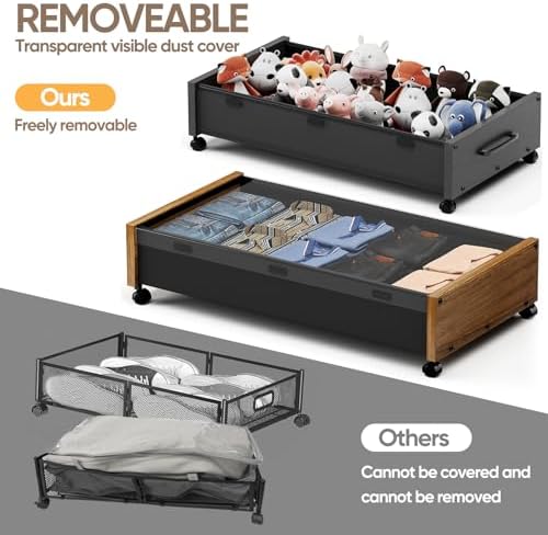 KITHELP Wooden Under Bed Storage with Wheels, Rolling Under the Bed Storage Bins with Removable Lid, Metal Under Bed Drawers for Clothes and Shoes in Bedroom or Living Room(Black Wood-1pack) - Image 5