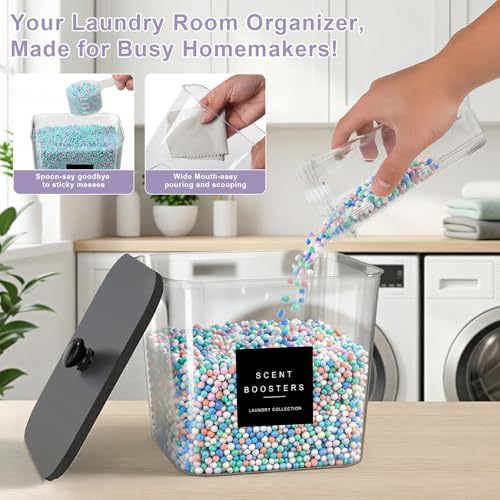 POLRAI 5 Pack Laundry Pod Container and Detergent Dispenser and Dryer Sheet Holder with Wooden Lids Labels and Spoon Clear Storage for Laundry Room Organization - Image 6