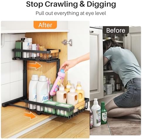 PXRACK Under Sink Organizer, Adjustable Height, 2 Tier Pull Out Under Cabinet Organizer, Slide Out Thickened Metal Under Sink Storage for Kitchen Bathroom Laundry Pantry Cabinet, Black, Small-2-Pack - Image 4