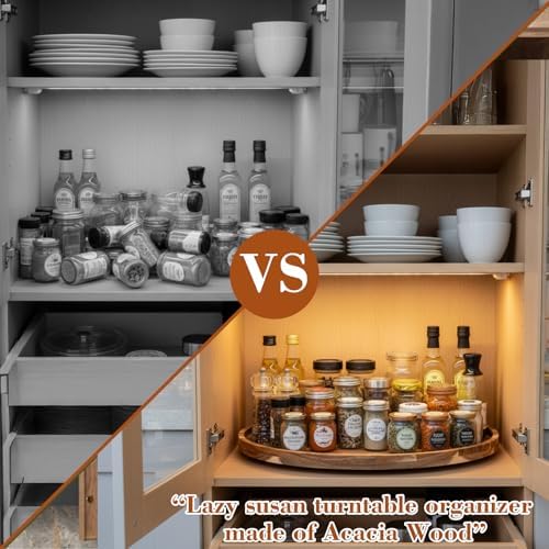 20'' Wood Lazy Susan for Countertop Acacia Large Turntable Rotating Serving Tray for Table Top Non Skid Kitchen Tray Revolving Condiment Spice Rack Table Organization Storage, Natural - Image 2