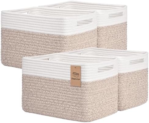 Storage Baskets for Organizing, 4 Pack Baskets for Shelves, Decorative Storage Bins for Shelves, Cotton Rope Storage Basket with Handles, Woven Basket for Storage, 13''Lx8.7''Wx7.9''H, White & Brown by Degeyoyo
