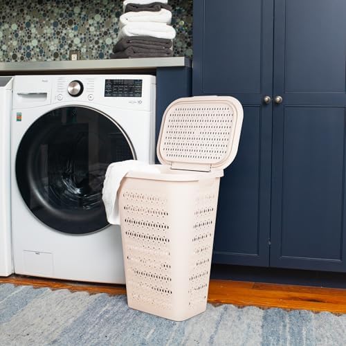 Mind Reader Slim Tapered Laundry Hampers with Lid, Clothes Basket with Swiss Cross Cut-Outs, Lightweight & Ventilated, Plastic, Set of 2, Ivory - Image 2