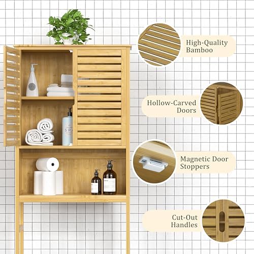 Yardenaler Over-The-Toilet Storage Shelf with Doors, Bathroom Freestanding Bamboo Organizer Space Saver with Adjustable Shelf, Natural - Image 7