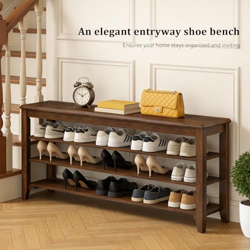 Taitiy Shoe Bench with 3 Tier Adjustable Shelves Rubberwood Entryway 47.2'' - Image 3
