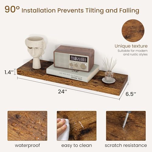 Dreamland 24Inch Floating Shelves for Wall, Rustic Wooden Floating Shelves for Bathroom|Bedroom|Kitchen, 2 Pack Deep Wall Mounted Book Shelf, Wood Storage Display Shelf for Home Decor, Brown - Image 3