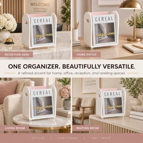 Khen Acrylic Magazine Rack Holder & Gold Trim - 12.40" x 10" x 4.49" - Crystal Lucite Clear - Shatterproof - Open Top - Space Saver - For Magazines, Publications, Office Desk, Reception, Waiting Room - Image 2