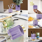 DASITON Makeup Brush holder Organizer,Crystal Cosmetic Makeup Brush Glass Brushes Storage Holder, Vintage Make Up Brush Cup Pen Pencil Holder striped vase(Purple S+L) - Image 3