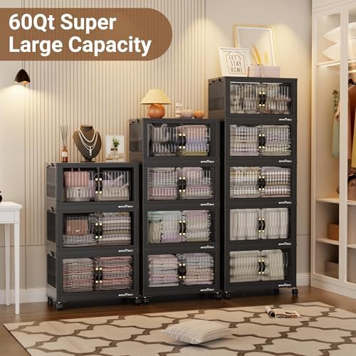 BROVIEW 300Qt Stackable Storage Bins with Lid, Extra Large Closet Organizer Collapsible Drawer Boxes with Wheels, Folding Plastic Cabinet Containers for Home Kitchen Room Organization, 5Pack Black - Image 4