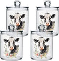 Fustylead 4 Pack Watercolor Hand Draw Cow and Flower Qtip Holder Dispensers for Cotton Swab, Ball, Round Pads, Floss, Plastic Apothecary Jar Set for Bathroom Canister Storage by Fustylead
